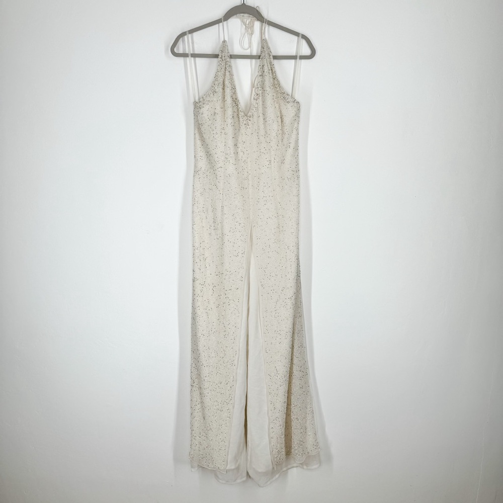 SCALA Ivory Beaded Silk Halter Bridal Jumpsuit Women's Size XL